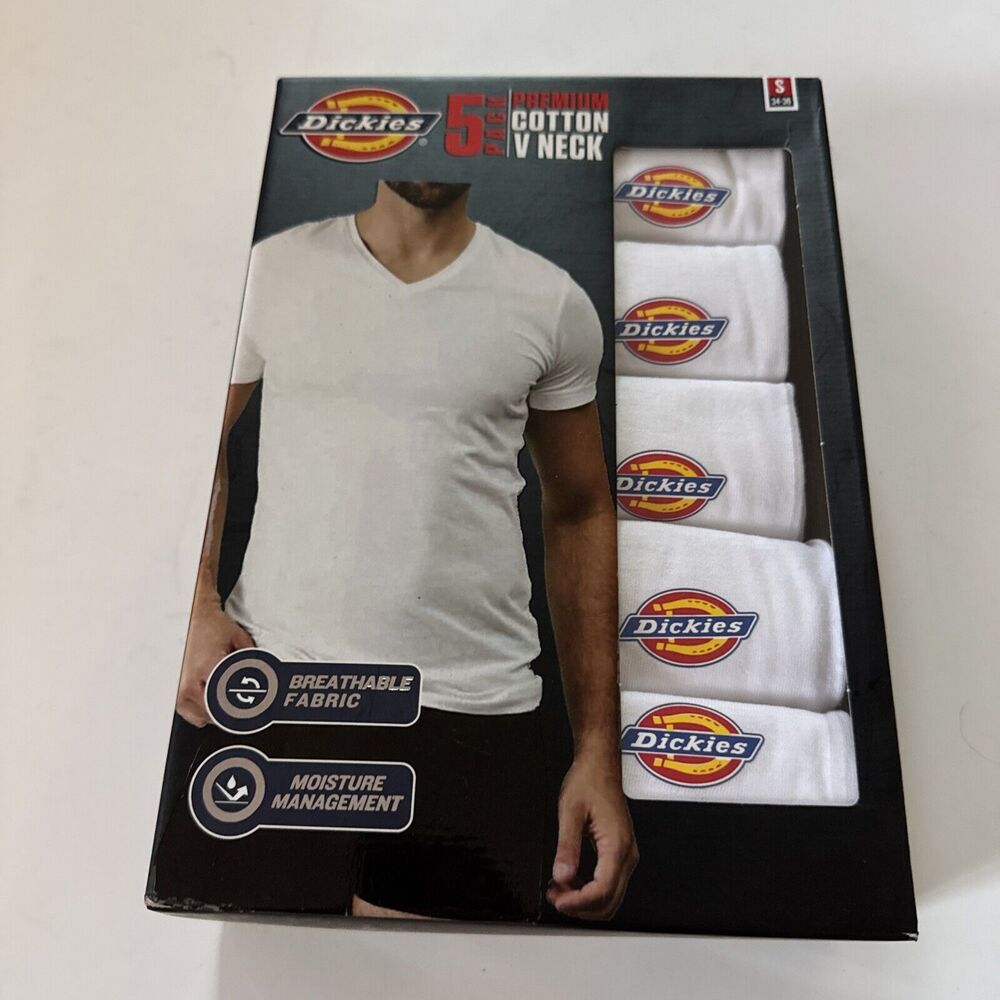 Dickies V-Neck Premium Cotton T-shirt Men’s Size Small White 5 Pack NEW